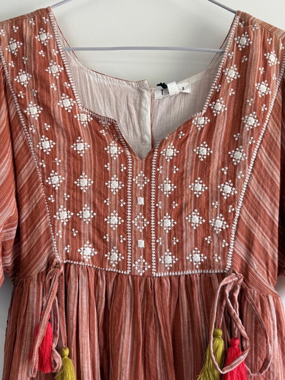 THML Brown Striped Mini Dress with Embroidered Bib and Tassels NWT - Picture 3 of 4
